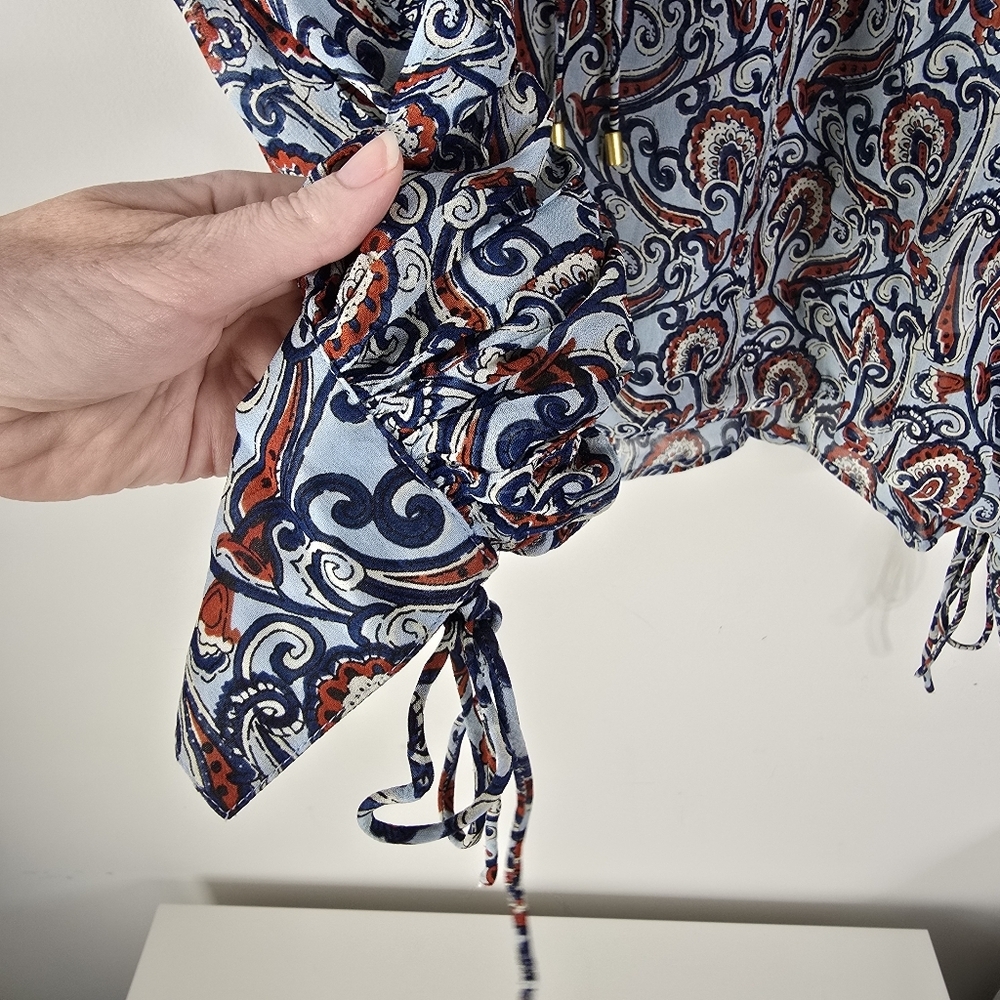 NWT Karina Grimaldi Eliza Long Sleeve Semi Sheer Blouse XS Blue Paisley Print - Picture 6 of 11